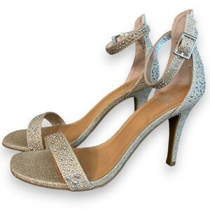Material Girl Glittery Gold Ankle Strap Sandals Rhinestone Embellished Heels 7.5
